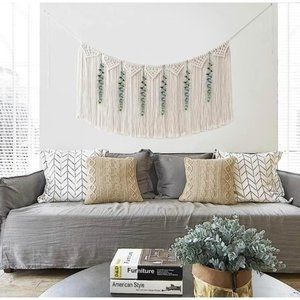 Boho Macramé Taperstry Eucalyptus Leaves Wall Hanging Art 50x30” ~ New